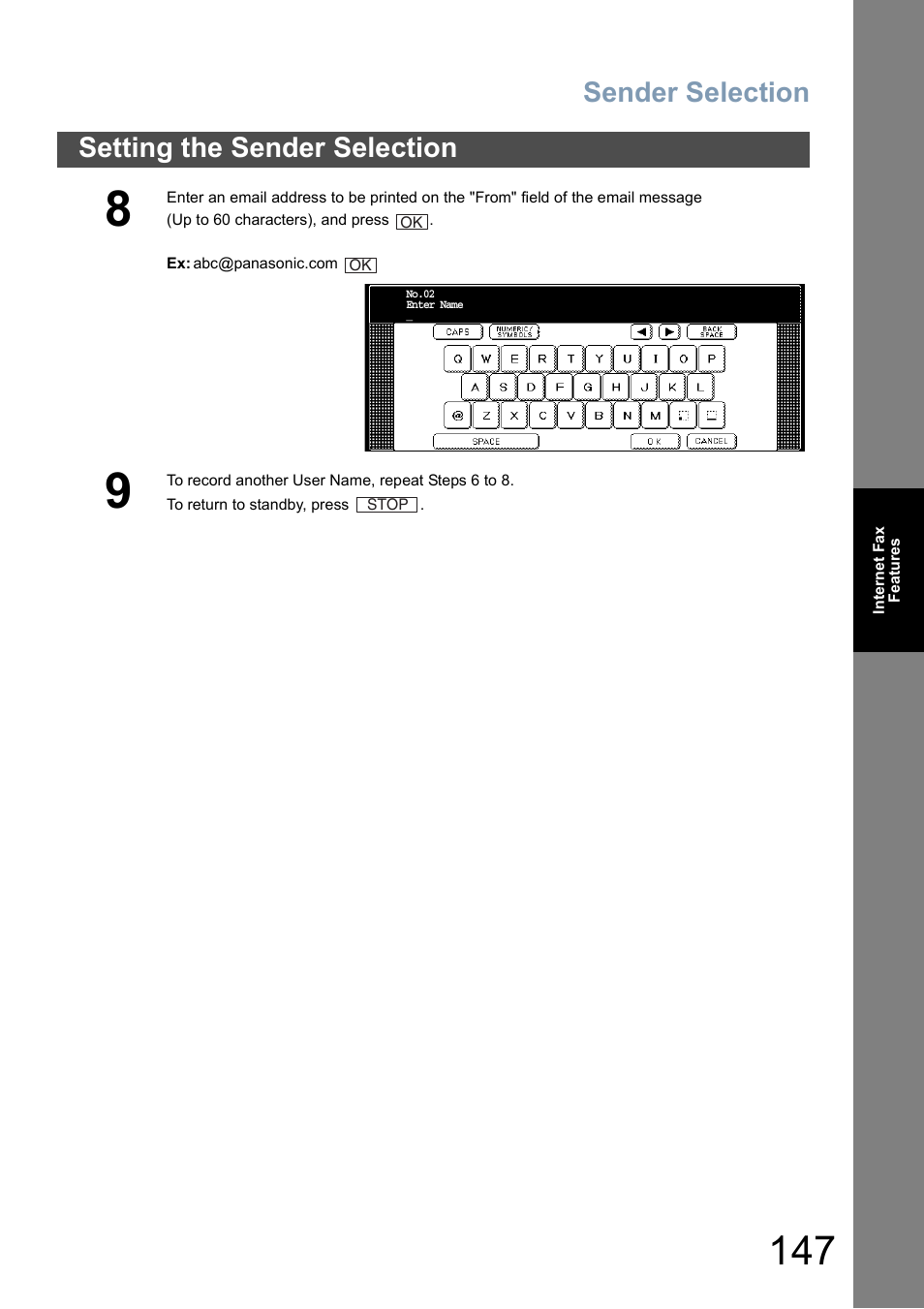 Sender selection, Setting the sender selection | Panasonic DP-8025 User Manual | Page 147 / 240