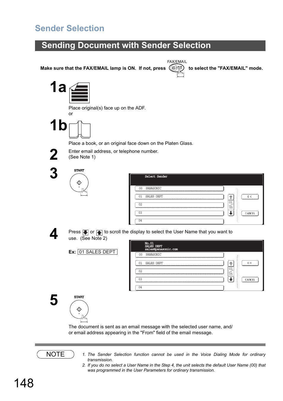 Sending document with sender selection, Sender selection | Panasonic DP-8025 User Manual | Page 148 / 240