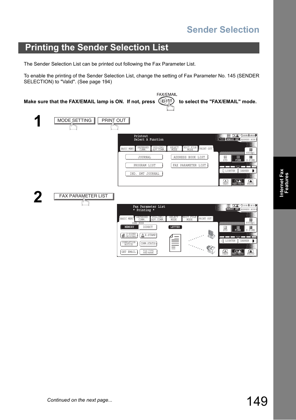 Printing the sender selection list, Sender selection | Panasonic DP-8025 User Manual | Page 149 / 240