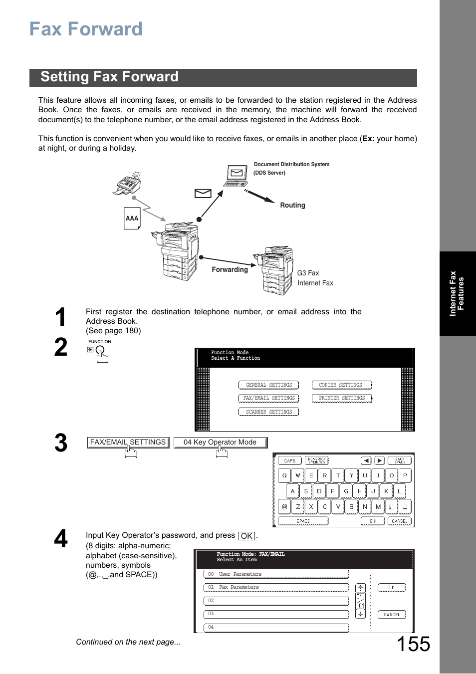 Fax forward, Setting fax forward, E 155) | Panasonic DP-8025 User Manual | Page 155 / 240