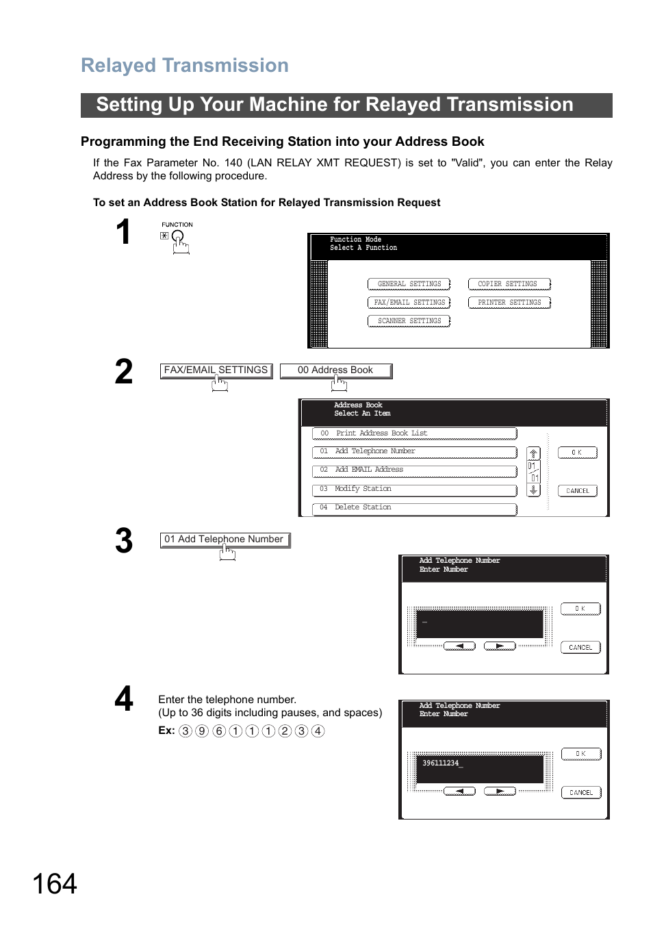 Setting up your machine for relayed transmission, Relayed transmission | Panasonic DP-8025 User Manual | Page 164 / 240