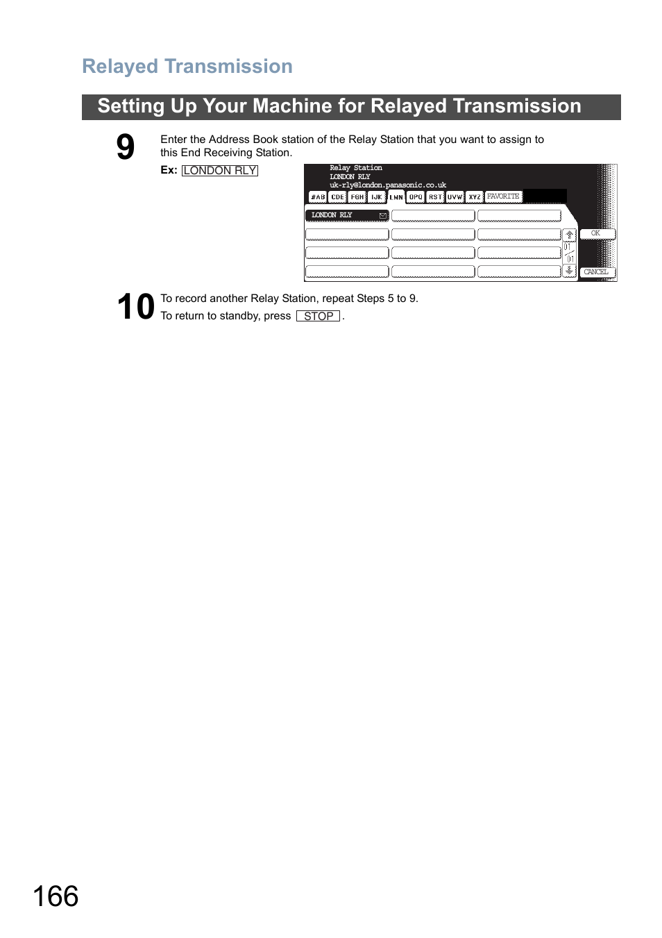 Relayed transmission, Setting up your machine for relayed transmission | Panasonic DP-8025 User Manual | Page 166 / 240