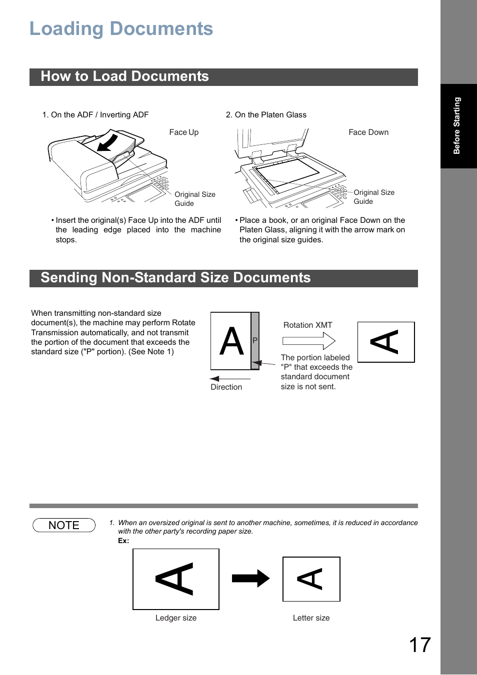 Before starting, Loading documents, How to load documents | Sending non-standard size documents | Panasonic DP-8025 User Manual | Page 17 / 240