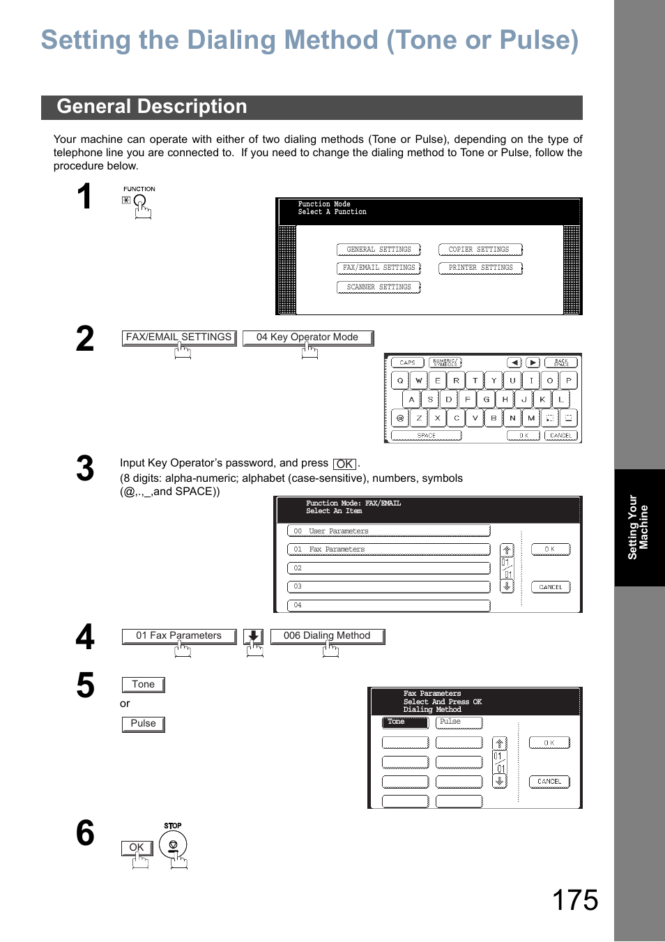 Setting your machine, Setting the dialing method (tone or pulse), General description | Panasonic DP-8025 User Manual | Page 175 / 240