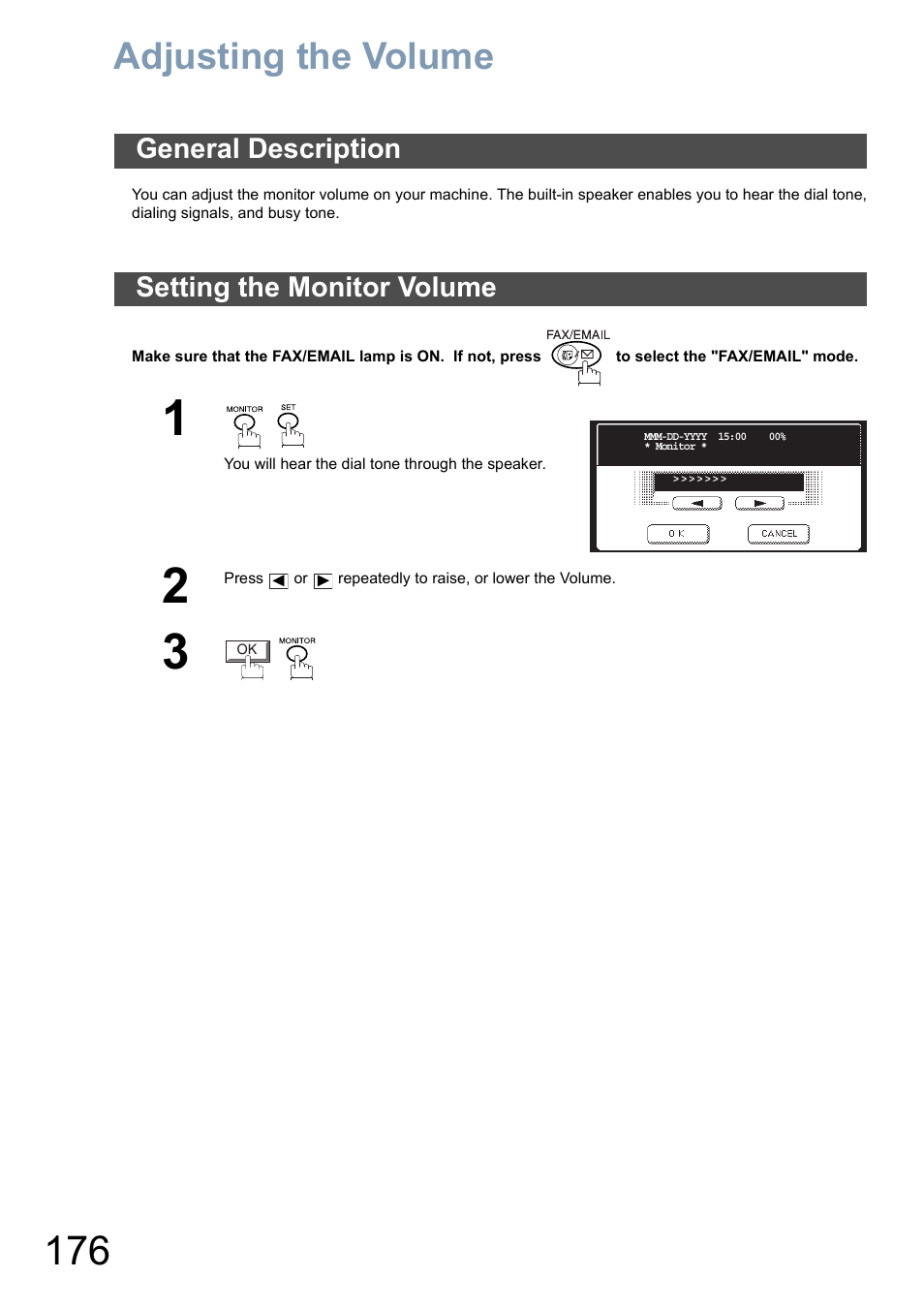 Adjusting the volume, General description, Setting the monitor volume | General description setting the monitor volume | Panasonic DP-8025 User Manual | Page 176 / 240