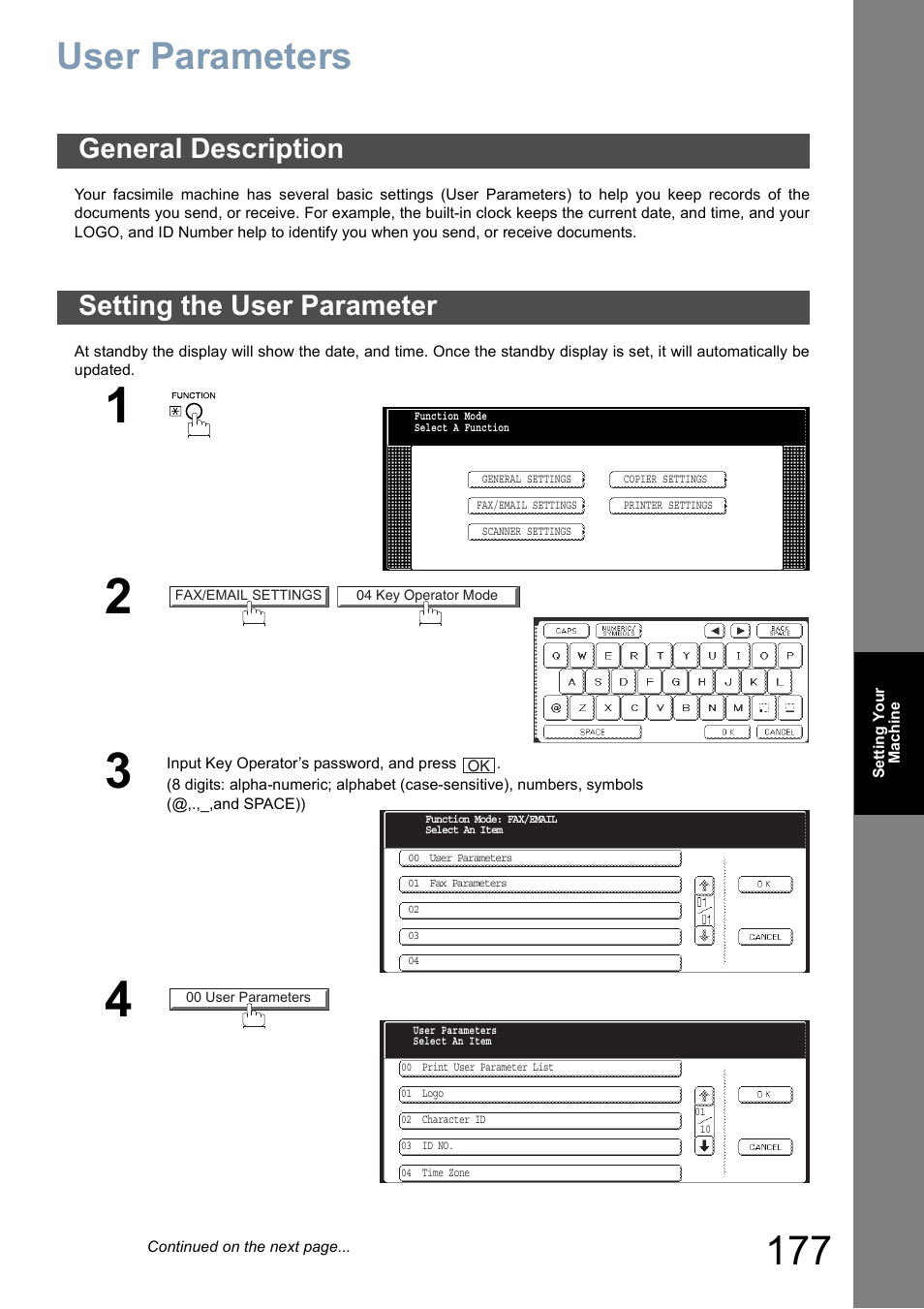 User parameters, General description, Setting the user parameter | General description setting the user parameter | Panasonic DP-8025 User Manual | Page 177 / 240