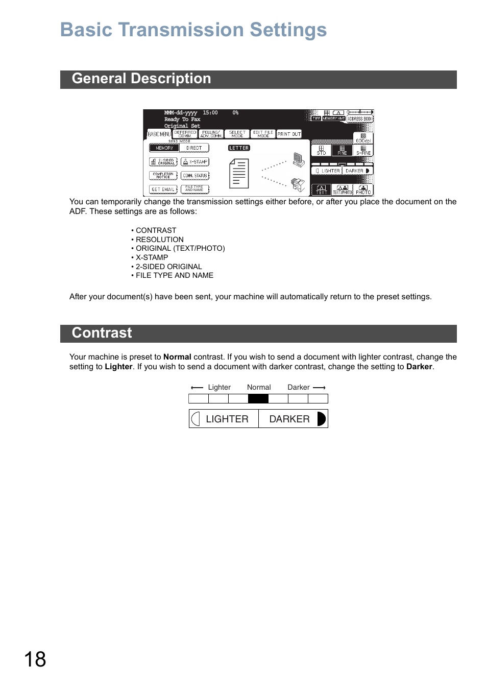 Basic transmission settings, General description, Contrast | Panasonic DP-8025 User Manual | Page 18 / 240