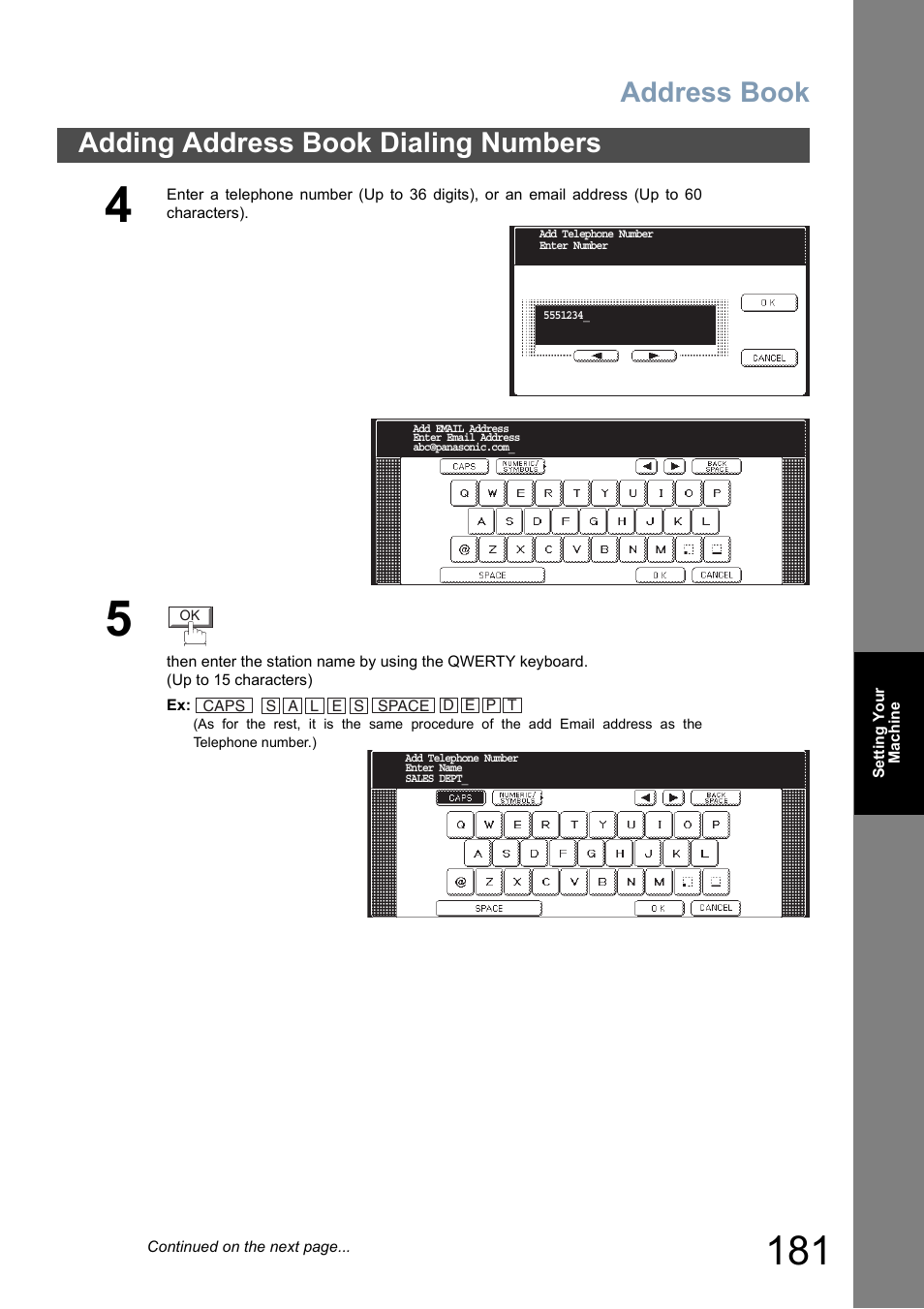 Address book, Adding address book dialing numbers | Panasonic DP-8025 User Manual | Page 181 / 240