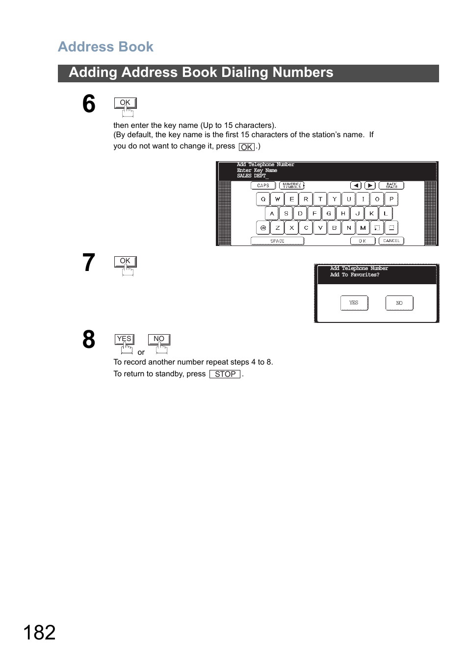 Address book, Adding address book dialing numbers | Panasonic DP-8025 User Manual | Page 182 / 240