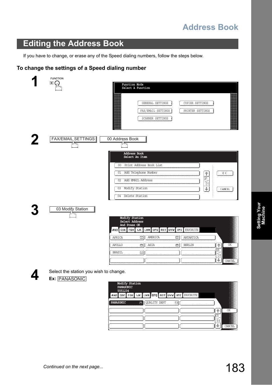 Editing the address book, Address book | Panasonic DP-8025 User Manual | Page 183 / 240