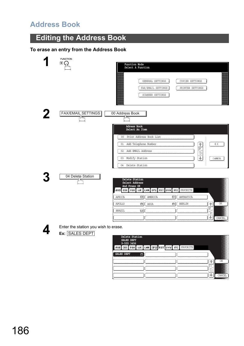 Address book, Editing the address book | Panasonic DP-8025 User Manual | Page 186 / 240
