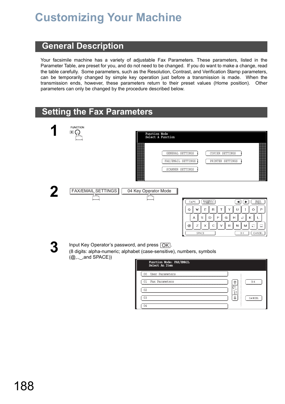 Customizing your machine, General description, Setting the fax parameters | General description setting the fax parameters | Panasonic DP-8025 User Manual | Page 188 / 240