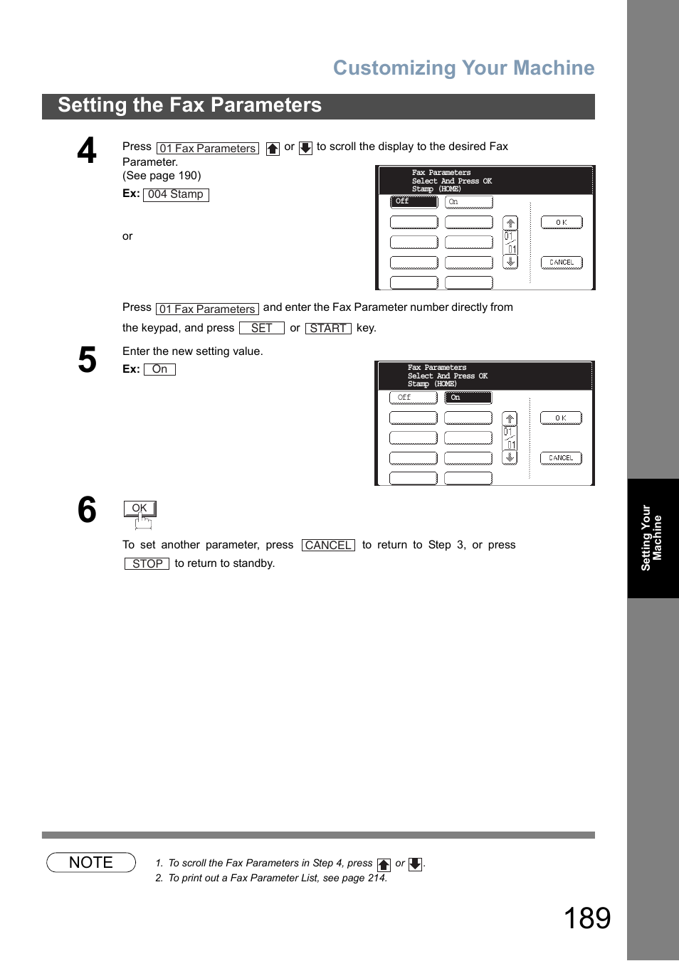 Customizing your machine, Setting the fax parameters | Panasonic DP-8025 User Manual | Page 189 / 240