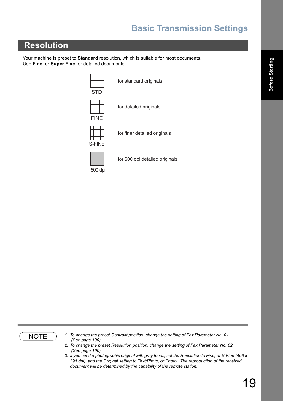 Resolution, Basic transmission settings | Panasonic DP-8025 User Manual | Page 19 / 240