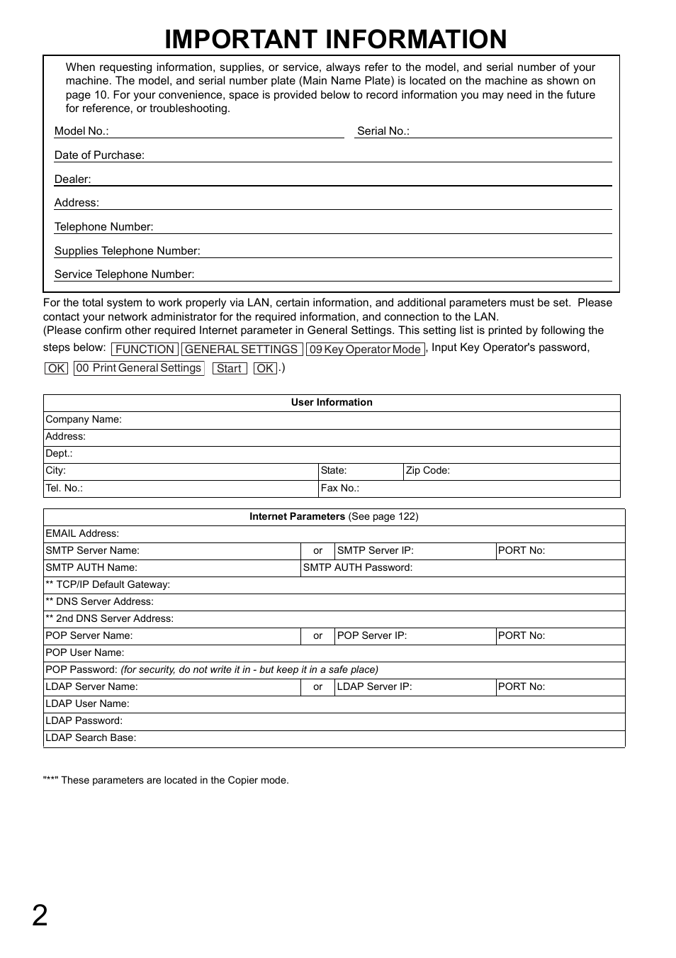 Important information | Panasonic DP-8025 User Manual | Page 2 / 240