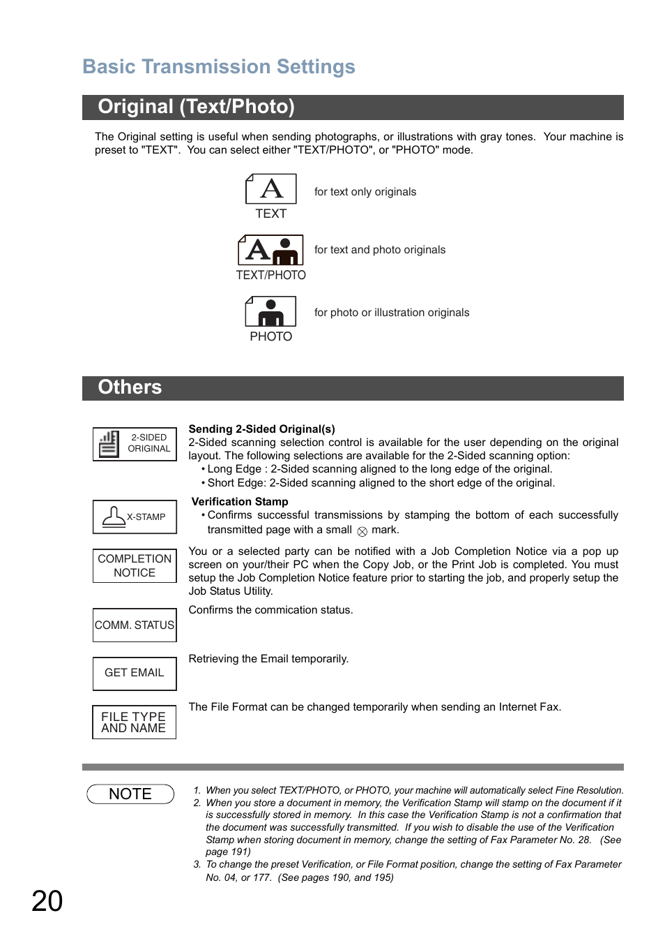 Original (text/photo), Others, Basic transmission settings | Original (text/photo) others | Panasonic DP-8025 User Manual | Page 20 / 240