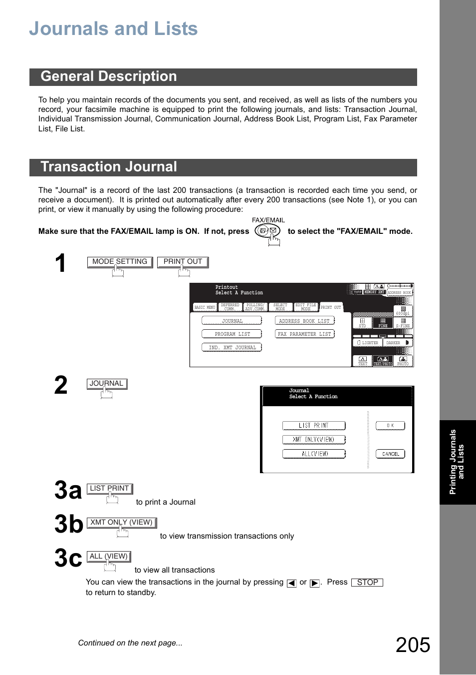 Printing journals and lists, Journals and lists, General description | Transaction journal, E 205), General description transaction journal | Panasonic DP-8025 User Manual | Page 205 / 240