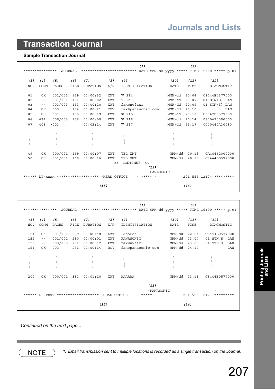 Journals and lists, Transaction journal | Panasonic DP-8025 User Manual | Page 207 / 240