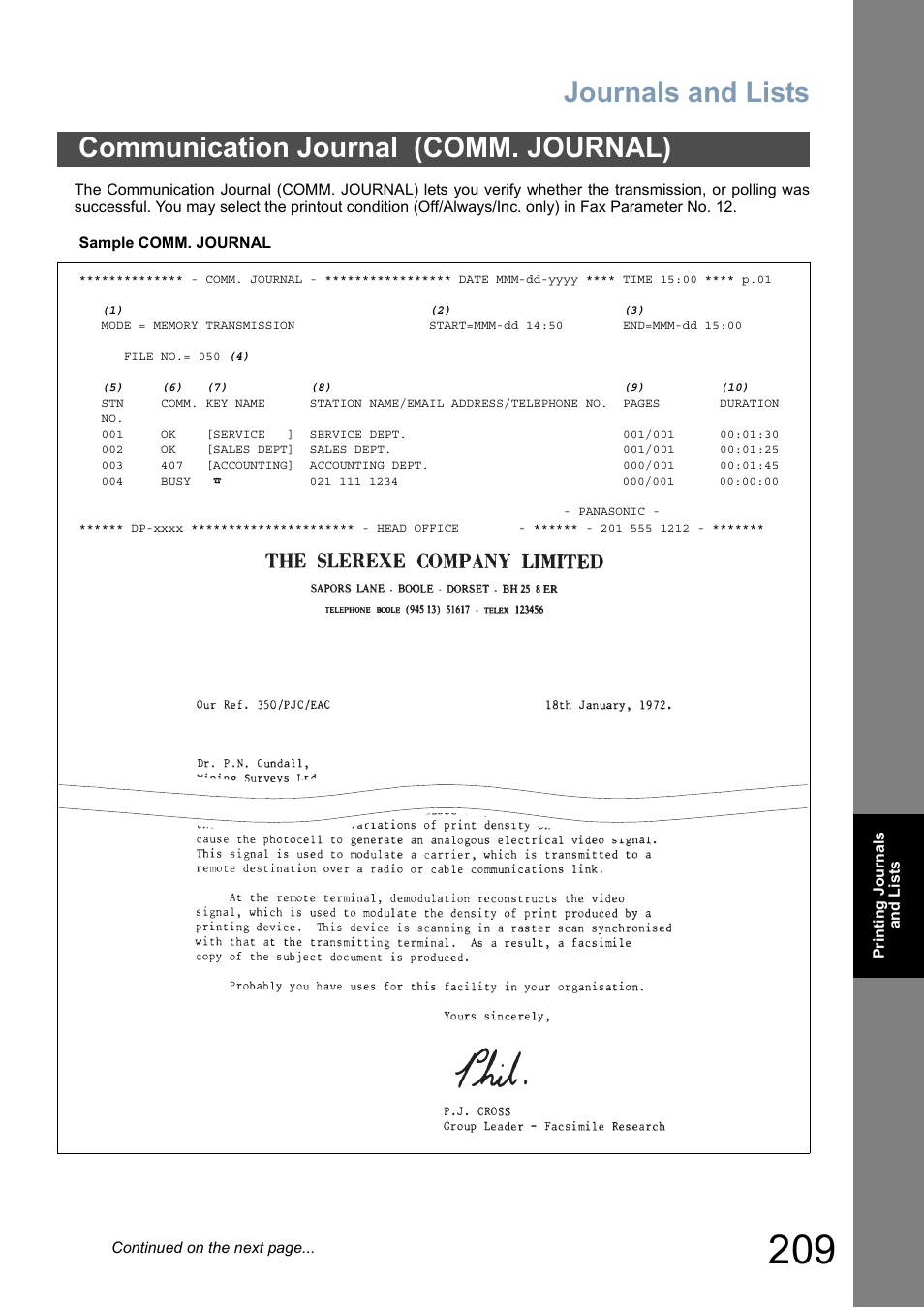 Communication journal (comm. journal), Journals and lists | Panasonic DP-8025 User Manual | Page 209 / 240