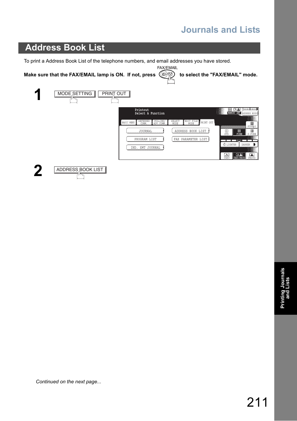 Address book list, Journals and lists | Panasonic DP-8025 User Manual | Page 211 / 240