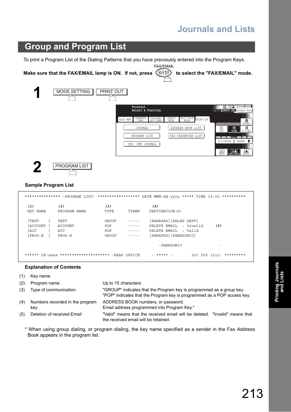 Group and program list, Journals and lists | Panasonic DP-8025 User Manual | Page 213 / 240