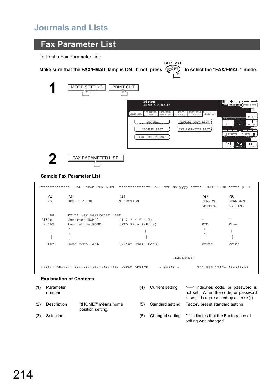 Fax parameter list, Journals and lists | Panasonic DP-8025 User Manual | Page 214 / 240
