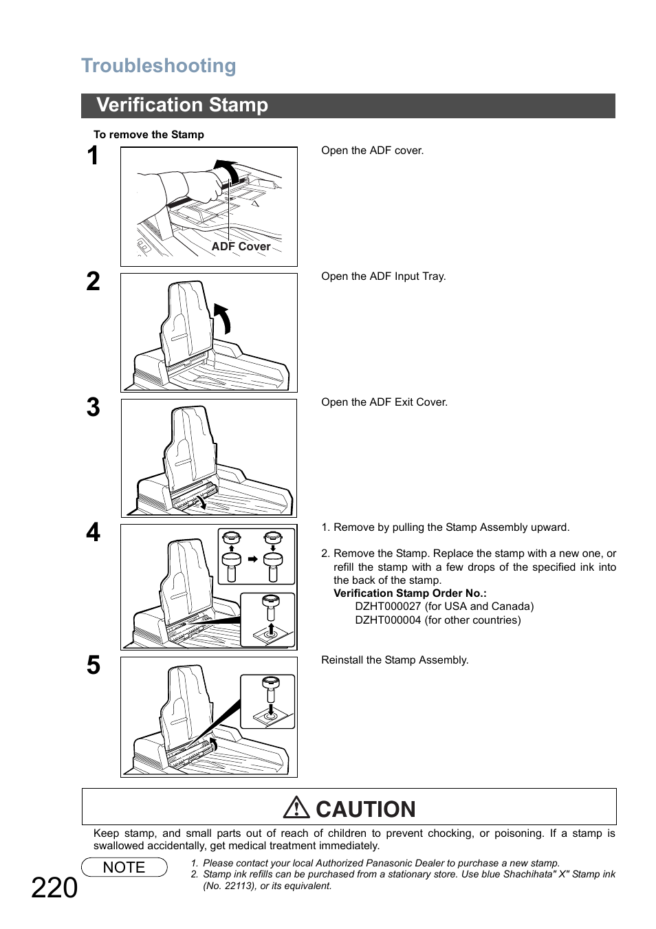 Verification stamp, Caution, Troubleshooting | Panasonic DP-8025 User Manual | Page 220 / 240