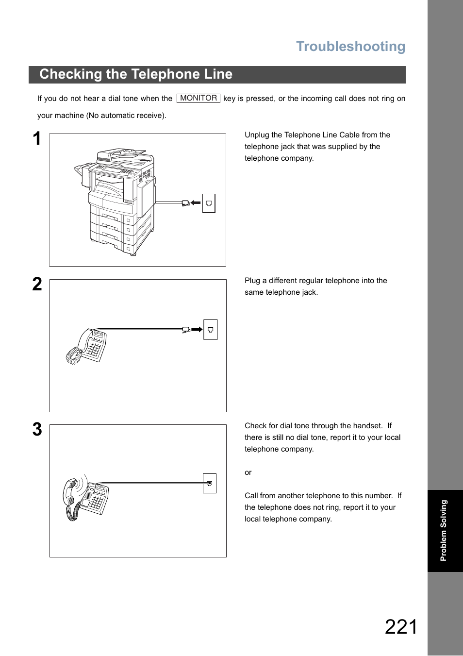 Checking the telephone line, Troubleshooting | Panasonic DP-8025 User Manual | Page 221 / 240