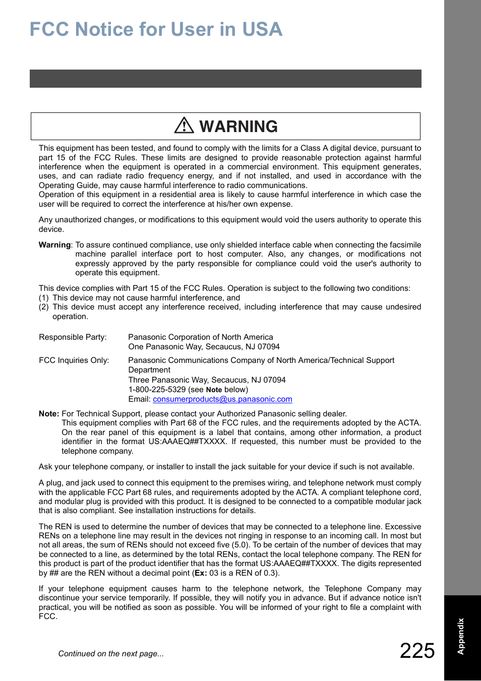 Fcc notice for user in usa, Warning | Panasonic DP-8025 User Manual | Page 225 / 240