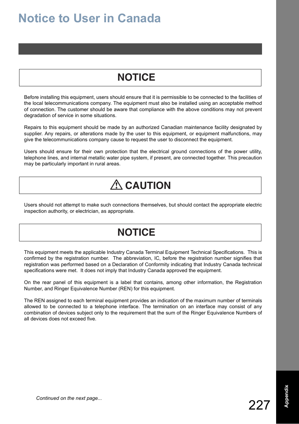 Notice to user in canada, Notice caution notice | Panasonic DP-8025 User Manual | Page 227 / 240
