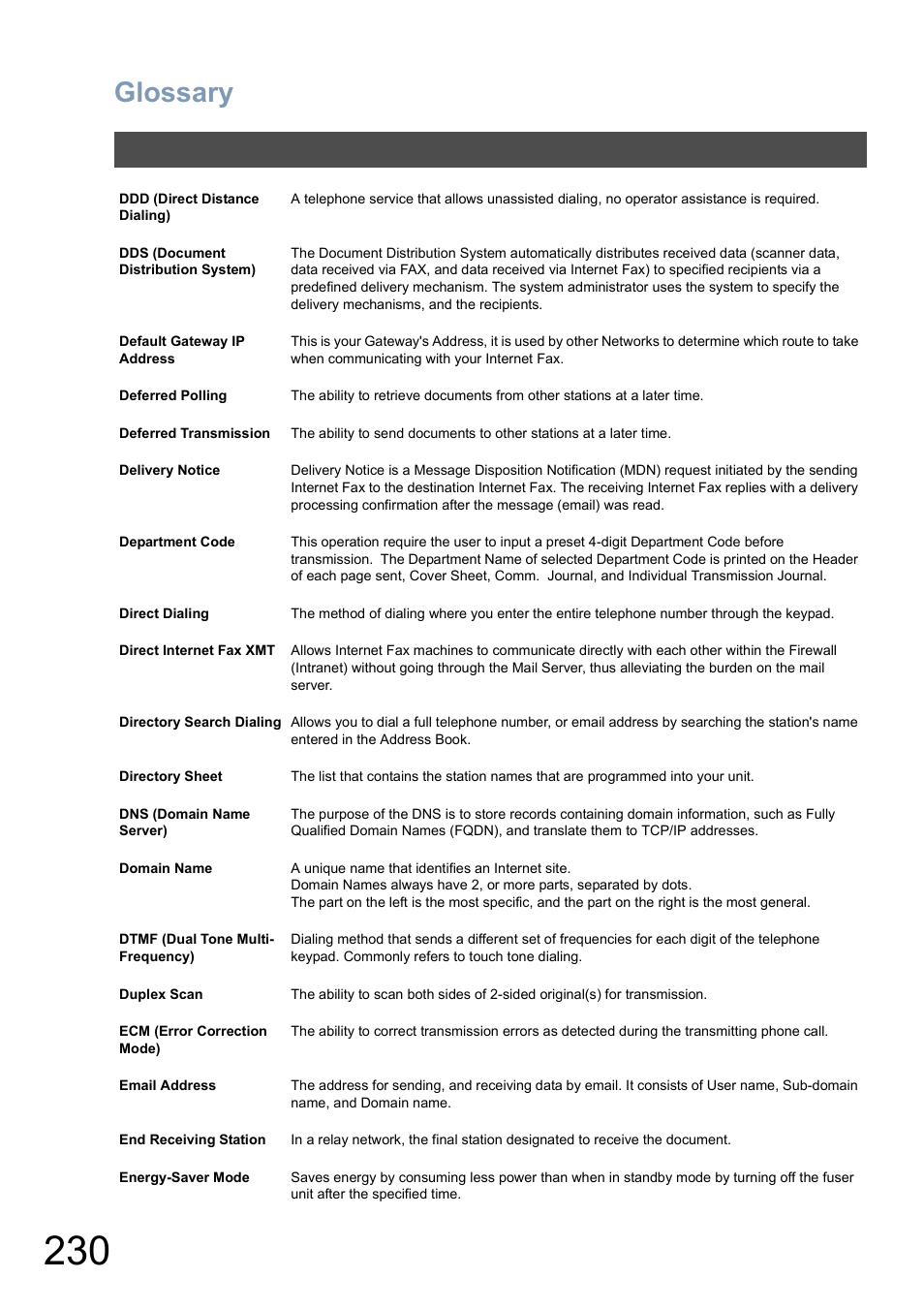 Glossary | Panasonic DP-8025 User Manual | Page 230 / 240