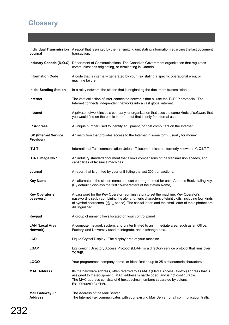 Glossary | Panasonic DP-8025 User Manual | Page 232 / 240