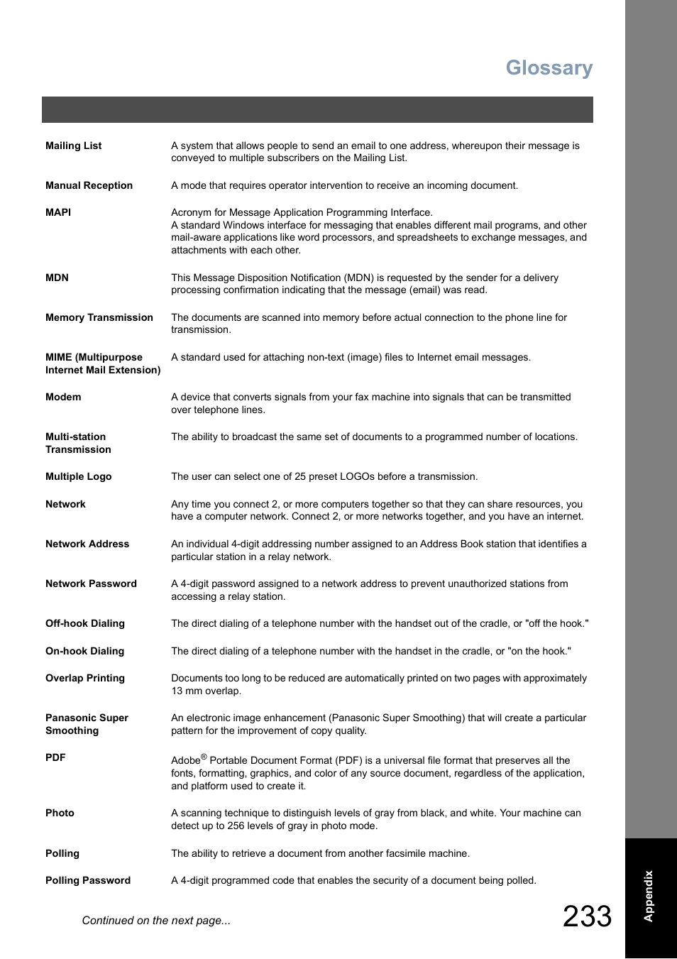 Glossary | Panasonic DP-8025 User Manual | Page 233 / 240