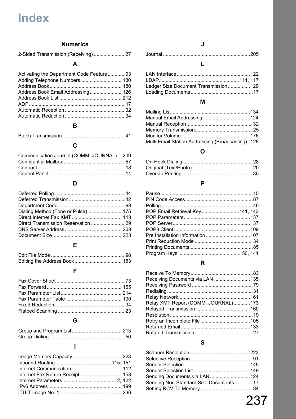 Index | Panasonic DP-8025 User Manual | Page 237 / 240
