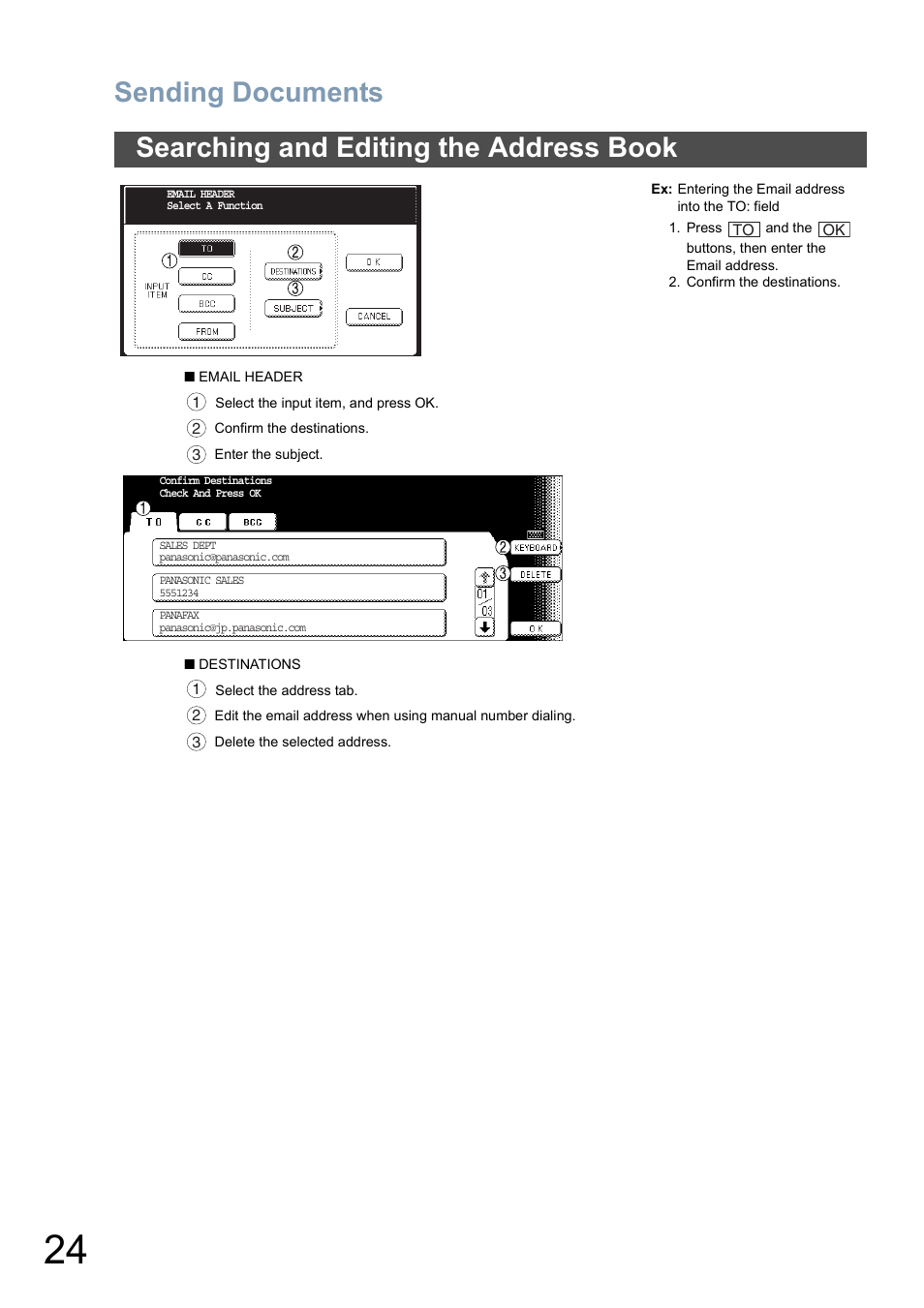 Sending documents, Searching and editing the address book | Panasonic DP-8025 User Manual | Page 24 / 240