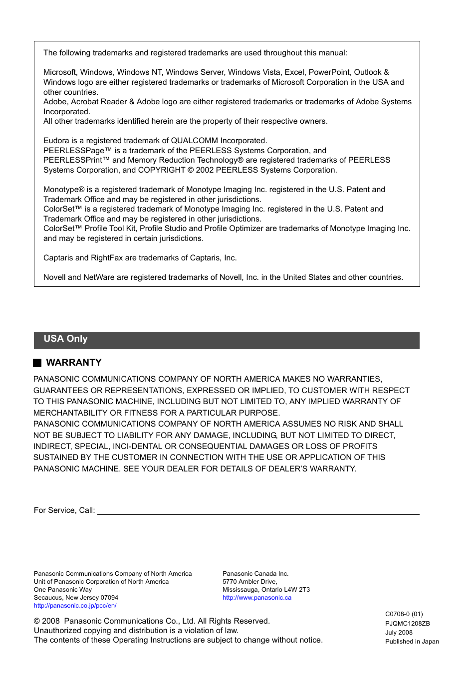 Warranty usa only | Panasonic DP-8025 User Manual | Page 240 / 240