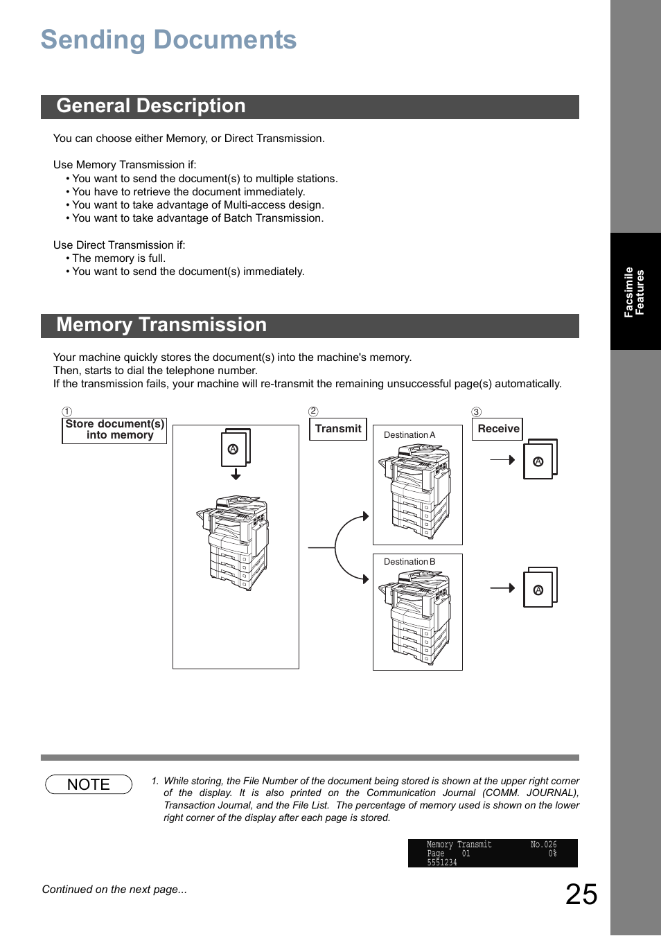 Facsimile features, Sending documents, General description | Memory transmission | Panasonic DP-8025 User Manual | Page 25 / 240