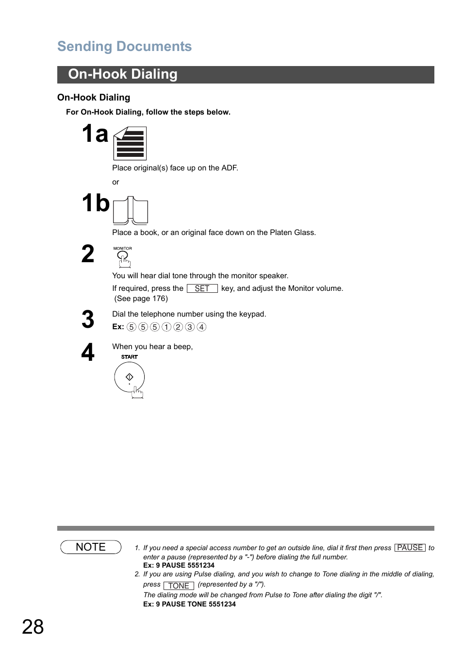 On-hook dialing, Sending documents | Panasonic DP-8025 User Manual | Page 28 / 240