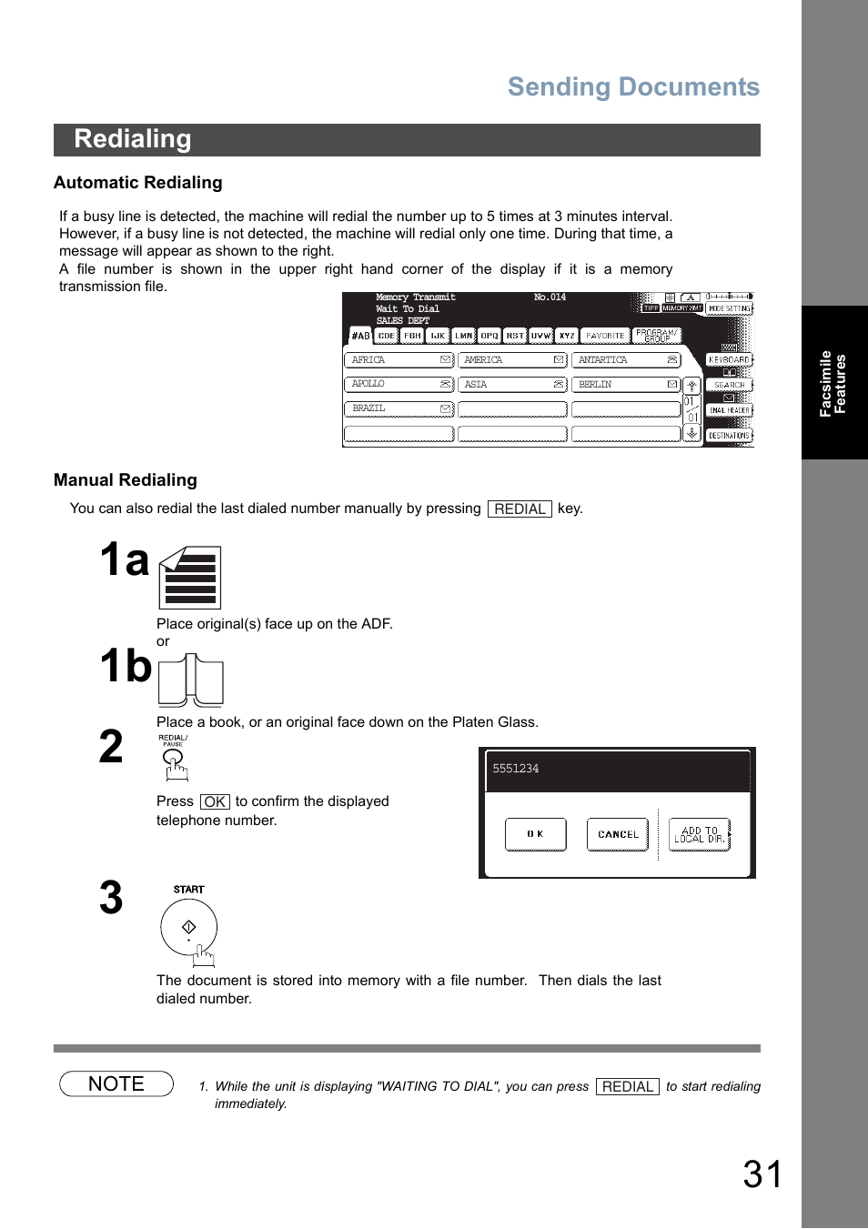 Redialing, Sending documents | Panasonic DP-8025 User Manual | Page 31 / 240