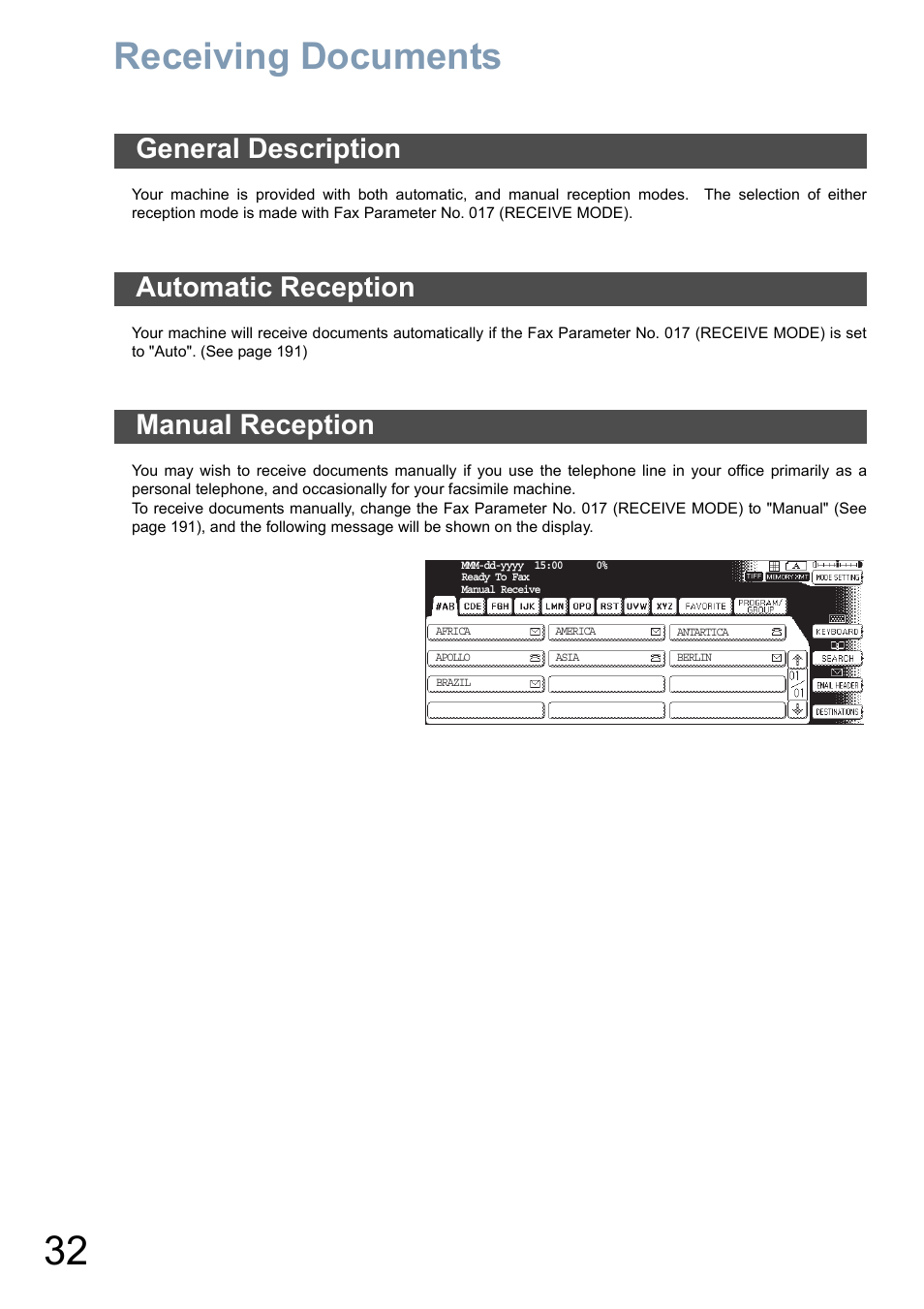 Receiving documents, General description, Automatic reception | Manual reception | Panasonic DP-8025 User Manual | Page 32 / 240