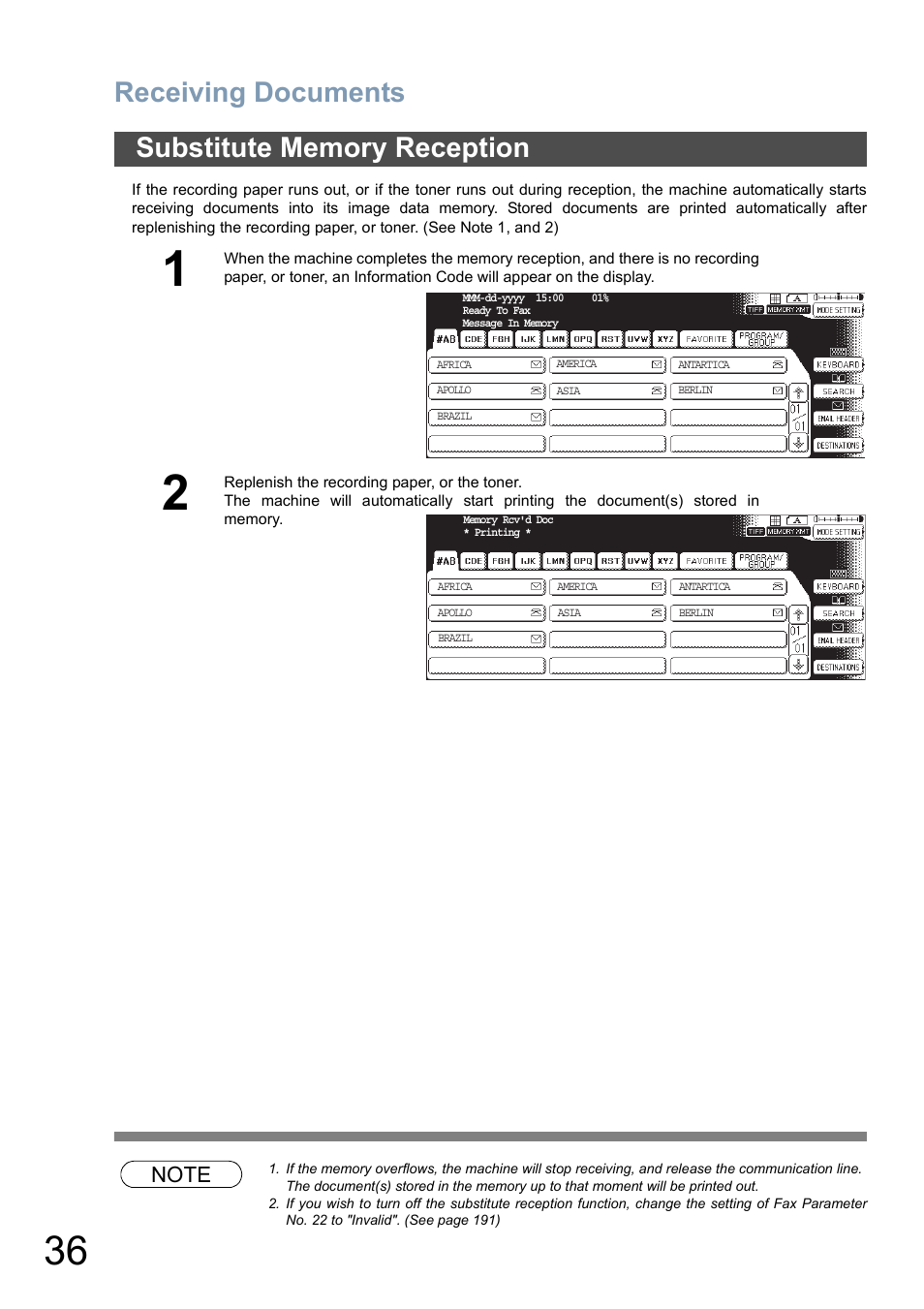 Substitute memory reception, Receiving documents | Panasonic DP-8025 User Manual | Page 36 / 240