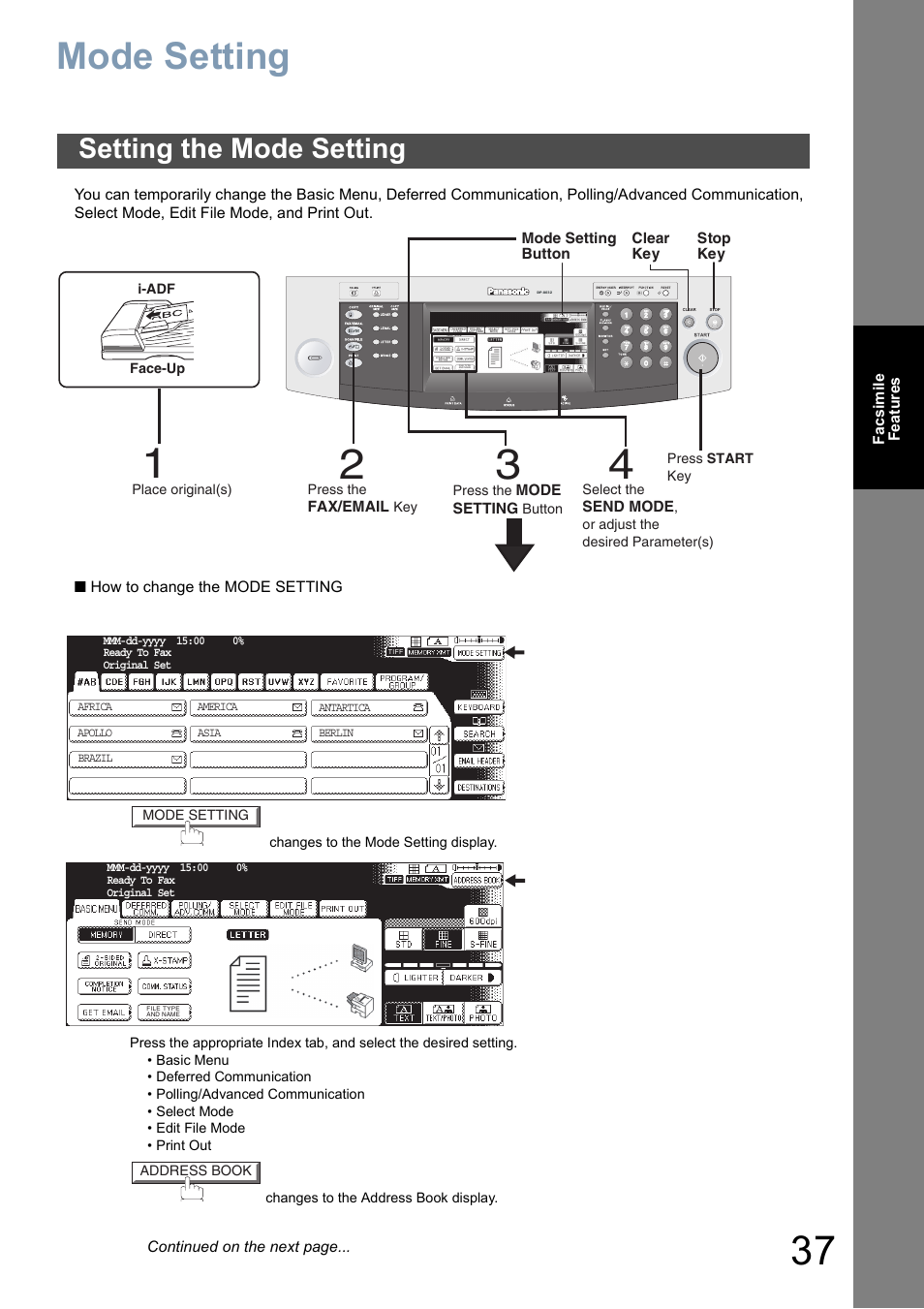 Mode setting, Setting the mode setting | Panasonic DP-8025 User Manual | Page 37 / 240