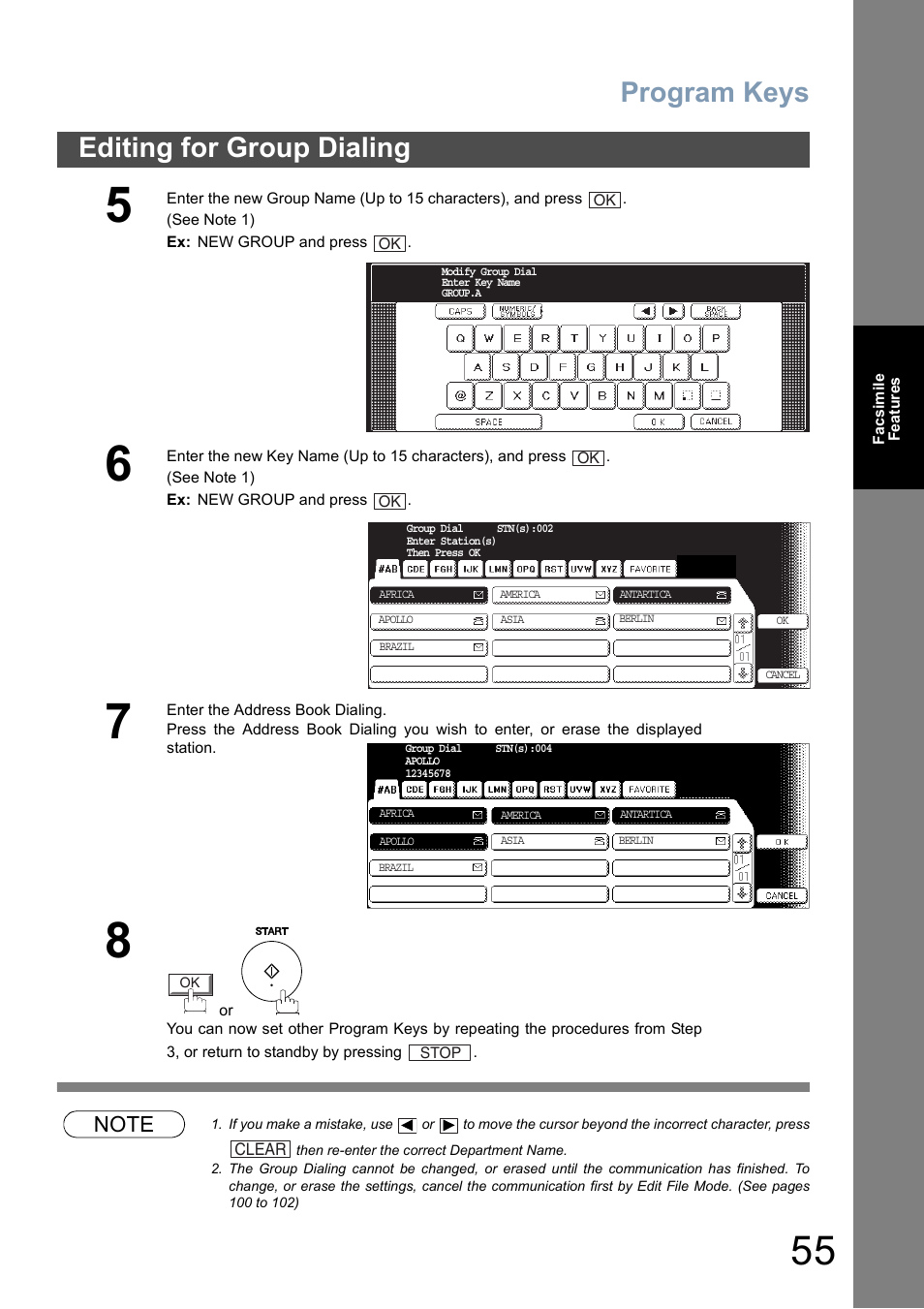 Program keys, Editing for group dialing | Panasonic DP-8025 User Manual | Page 55 / 240