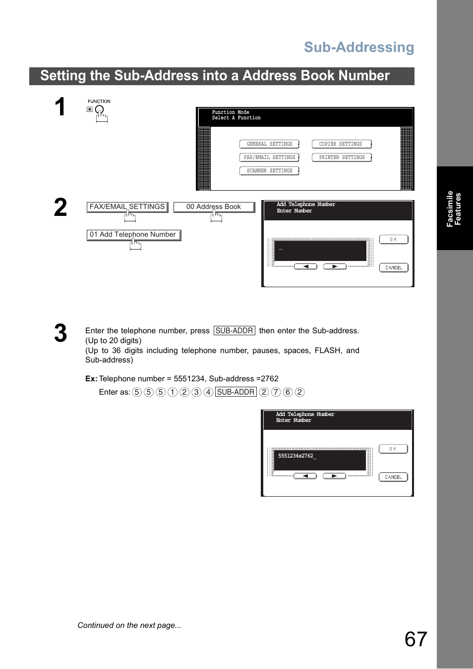 Setting the sub-address into a address book number, Sub-addressing | Panasonic DP-8025 User Manual | Page 67 / 240