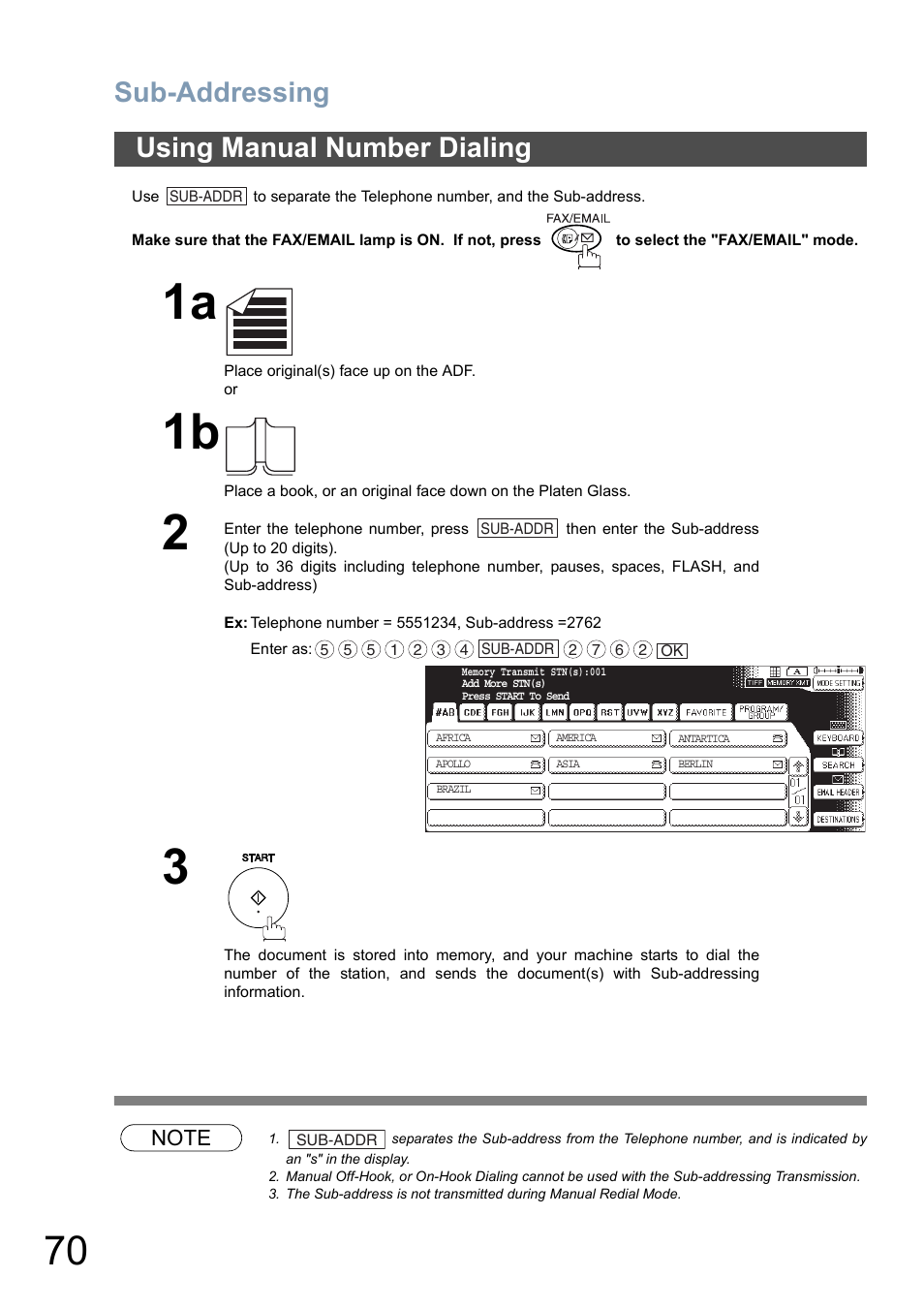 Using manual number dialing, Sub-addressing | Panasonic DP-8025 User Manual | Page 70 / 240