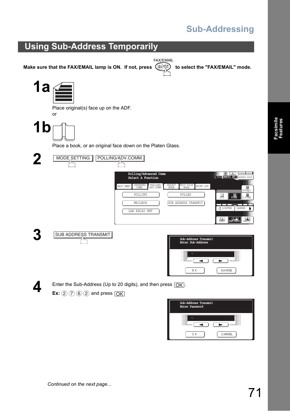 Using sub-address temporarily, Sub-addressing | Panasonic DP-8025 User Manual | Page 71 / 240
