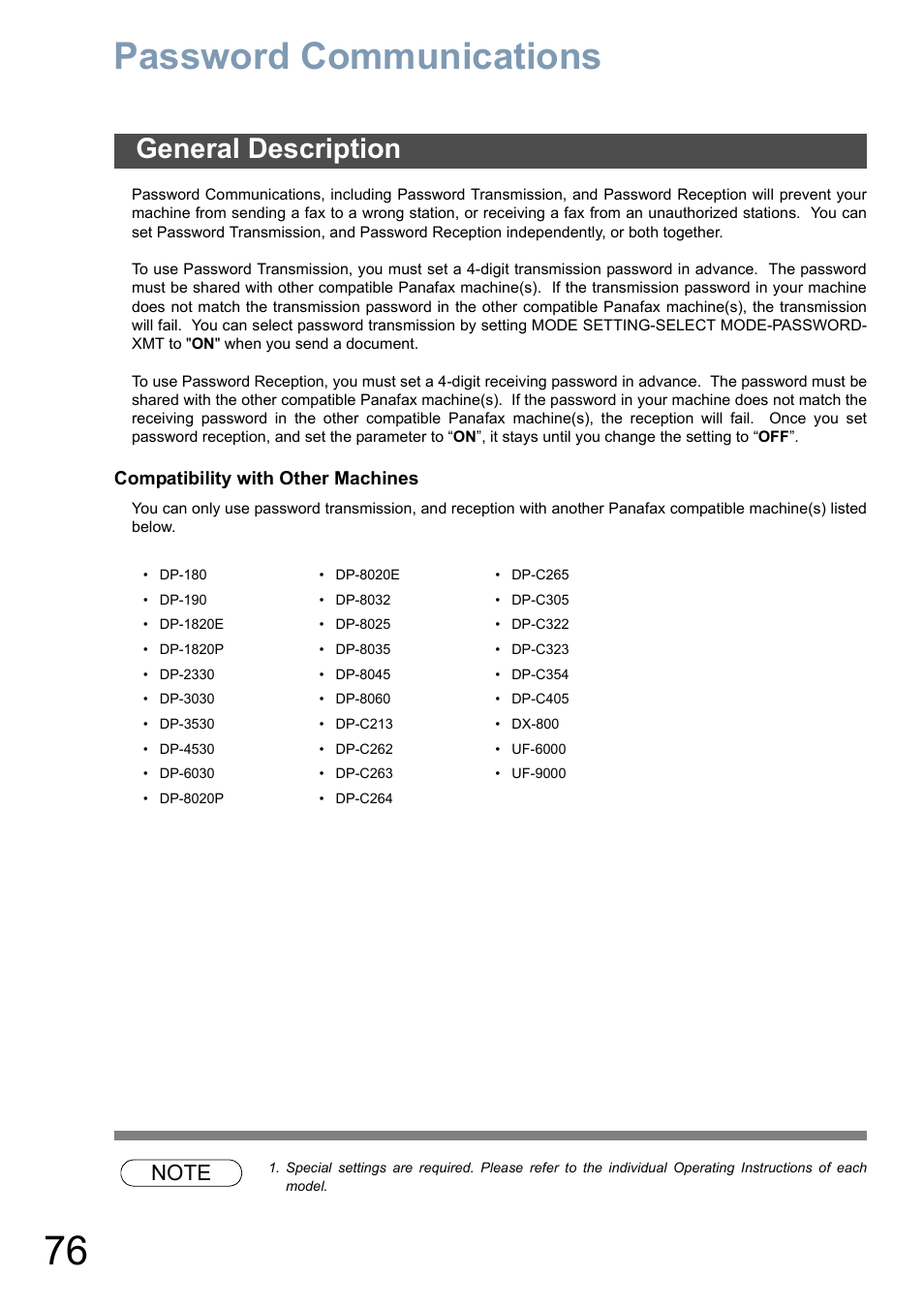 Password communications, General description | Panasonic DP-8025 User Manual | Page 76 / 240