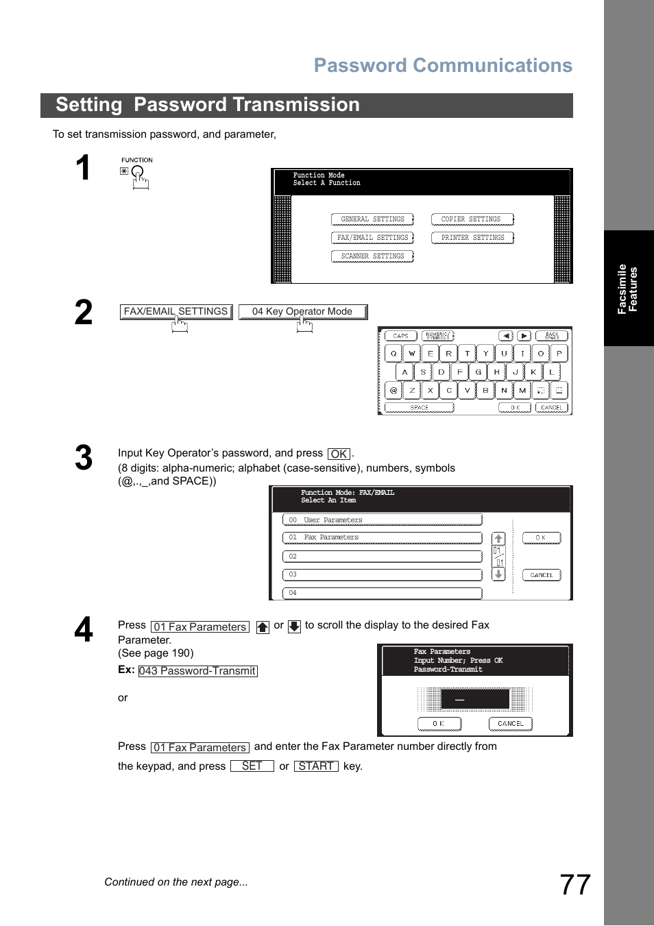 Setting password transmission, Password communications | Panasonic DP-8025 User Manual | Page 77 / 240