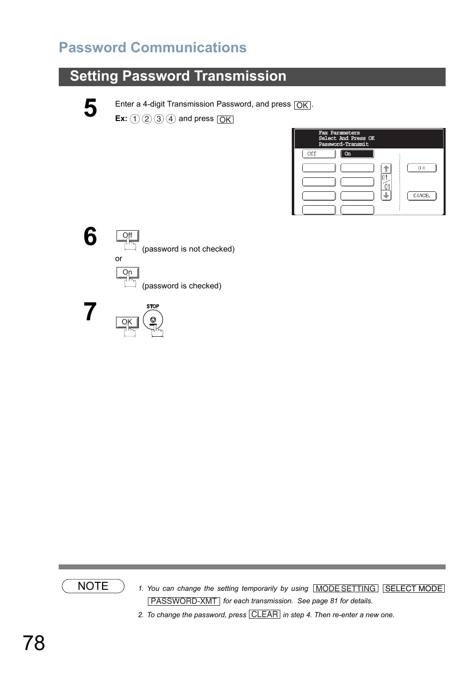 Password communications, Setting password transmission | Panasonic DP-8025 User Manual | Page 78 / 240