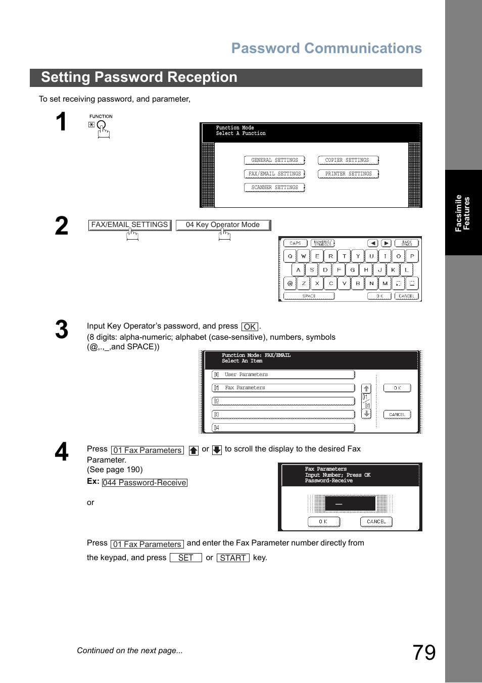 Setting password reception, Password communications | Panasonic DP-8025 User Manual | Page 79 / 240